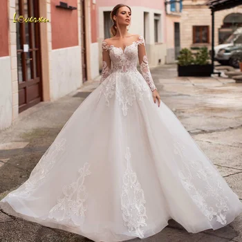 Loverxu Uma Linha Vintage Vestidos De Noiva Em 2022, V-Pescoço Longo Da Luva Do Tribunal De Trem Robe De Mariee Lindos Apliques Clássico Vestido De Noiva