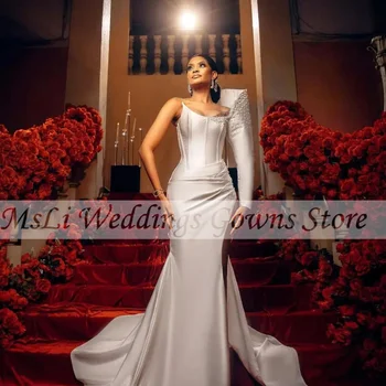 Luxo Cetim Vestidos De Casamento Para As Mulheres Esferas De Lantejoulas Lado De Dividir Um Ombro Elegante Sereia Vestidos De Noiva Robe De Mariage