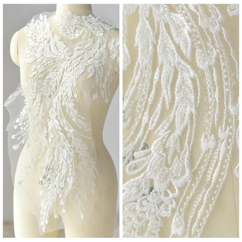 Marfim, Branco Beading Phoenix Bordado Lace Patch Apliques de Penas Flor do Vestido de Casamento de DIY Acessórios 41*67CM RS1881