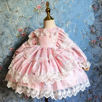 Menina primavera, outono, cor-de-rosa espanhol bola vestido vestido de crianças laço de costura de manga longa festa de aniversário de vestido de princesa