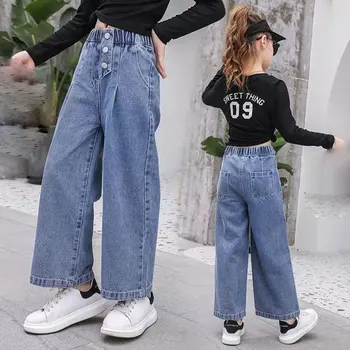 Meninas de calças Jeans Stretch Crianças Wide Leg Pants Crianças Outwear Calças para Menina Adolescente Primavera, Outono
