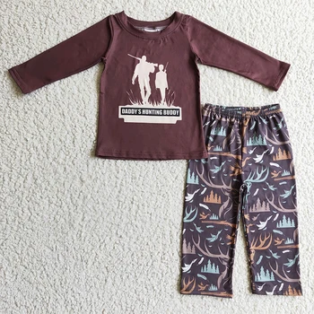 Menino do Papai Caça Amigo de Dormir Conjunto de Crianças Marrom Camisa de Mangas compridas, Calças de Pijamas Garoto Roupa de Criança Cair Pijama