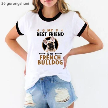 Meu Melhor Amigo É O Meu Bulldog Francês Gráfico De Impressão De T-Shirt Das Mulheres Harajuku Kawaii Roupa Linda Amante Do Cão Tshirt Femme Streetwear