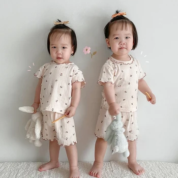 MILANCEL 2021 Verão Bebê Terno Laço Gola Camisetas e Shorts Floral 2Pcs Casual Meninas Conjunto coreano Infantil Vestuário