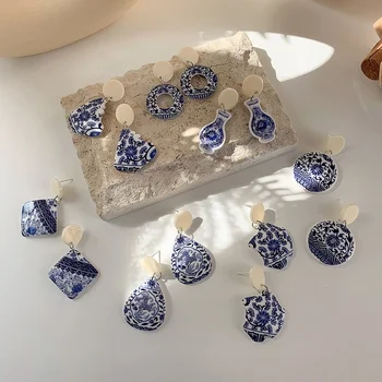 Minar Vários Ciano-azul de Porcelana Geométricas Oscila o Brinco para as Mulheres Texturizado Acrílico Estilo Chinês Oco Brinco Pendientes