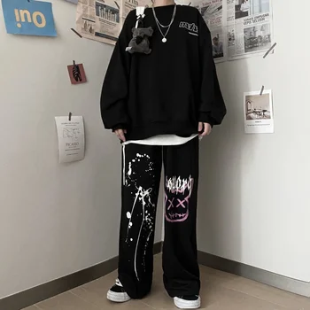 MINGLIUSILI Harajuku Impressão E Menina de Perna Larga Calça Mulheres Mola de Alta Moda de Rua, Calças de Cintura Alta Solto e Casual Calças Pretas