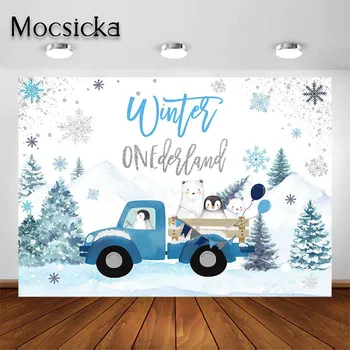 Mocsicka Inverno Onederland pano de Fundo para os Meninos 1ª Festa de Aniversário, Decorações de Carros Azuis flocos de Neve Animais Polares Foto de plano de Fundo