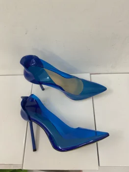 Moda das Mulheres Bombas de Sandálias de Verão Sexy Salto Alto Fino Salto Alto Elegante Pontiagudo Dedo do pé Amarelo Azul Transparente do PVC Festa de Sapatos