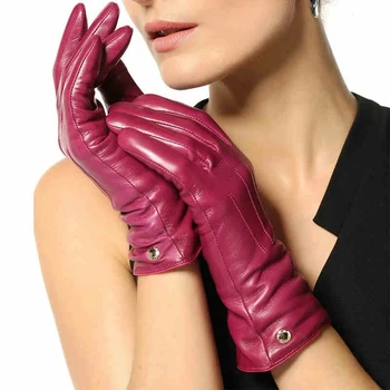 Moda das Mulheres Luvas Touchscreen de Pulso Sólidos de Couro Genuíno de Inverno, Além de Veludo Condução Toque Luva de Promoção EL040NR1