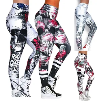 #Moda feminina Crânio Impresso Magro Magro Cintura Alta Yoga Leggings, Calças de Yoga Pantalones Calças Спортивные Штаны Женкие 2022