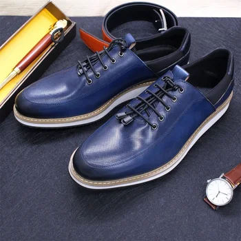 Moda Mens Sapatos Casuais Artesanais De Couro Genuíno Blue Lace-Up Respirável Televisão Tênis De Viagem Sapatos Zapatos Casuales Homens