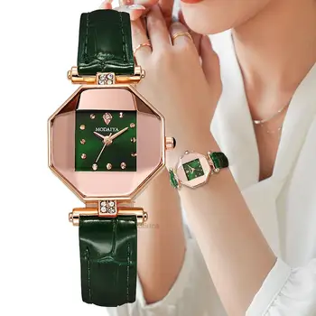 Moda Simples Marca Com Diamantes Design Quadrado das Mulheres Relógio de Quartzo de Alta Qualidade Bambu Padrão de Senhoras Relógios Pulseira de Couro