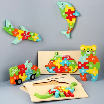 Montessori em Tamanho Grande para Crianças de Madeira Puzzle 3D Crianças Brinquedo Animais dos desenhos animados do Veículo Quebra-Brinquedos Educativos Para a Idade 2-4 Meninos Meninas rapazes raparigas Quente