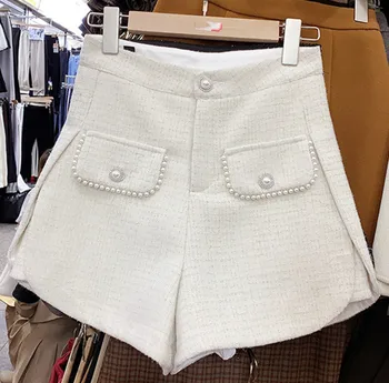 Mulher Chique Tweed de Perna Larga Shorts Outono Inverno Cintura Alta A Linha Glitter Curto Calças de Senhora Elegante Pérolas Shorts