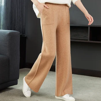 Mulheres 100% Lã, Calças De 2020 Novas Outono Inverno Waxy Macio Confortável De Alta-Cintura De Malha Feminina Engrossar Wide Leg Pants