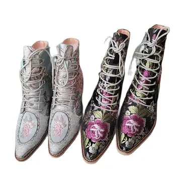 Mulheres ankle boots plus size 22-28 cm frete grátis calçados femininos bordado botas de botines mujer botte femme bottine Flor