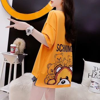 Mulheres de Verão Urso T-shirts Designer de Cima de metade do comprimento de mangas Curtas Maré Marca de T-shirt Kawaii Gráfica Tees Mulheres de Moda de Topo