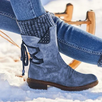 Mulheres Novas De Inverno Meados De Bezerro Botas Rebanho Sapatos De Inverno Moda Senhoras Neve Botas Sapatos Coxa Alta De Camurça Quente Botas Zapatos De Mulher