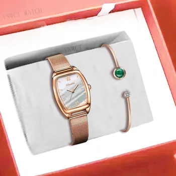 Mulheres Relógios De Moda Praça Senhoras Relógio De Quartzo Pulseira Conjunto Verde De Discagem Simples Rosa De Malha De Ouro As Mulheres De Luxo Relógios
