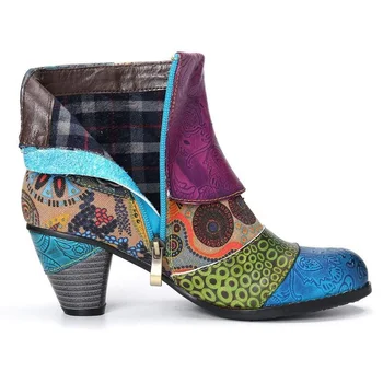 Mulheres Sapatos de Emenda Impresso Tornozelo Botas Femininas de Couro PU Retro Bloco de Salto Alto Boêmio Senhoras Primavera, Outono Botas Curtas