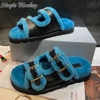 Mulheres Sapatos De Pele De Flats A Plataforma De Chinelos Quentes 2022 De Inverno, Moda De Slides Designer Feminino Casa De Sapatos De Algodão Mulas Mujer Zapatillas