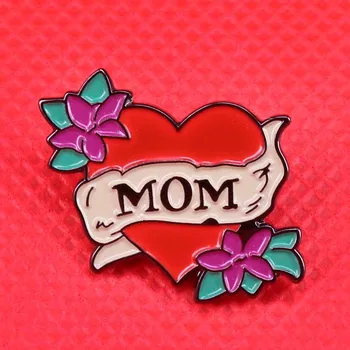 Mãe esmalte pin folha de flores broche de coração vermelho emblema romântico tatuagem de jóias de presente do dia da mãe