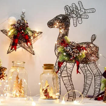Natal Elk-Arte em Ferro pinhas com Luz LED Decorações de Natal, Renas Shopping Janela Enfeites de Casa, Decoração de Mesa