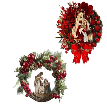 Natal Natividade da Família Sagrada Coroa de flores Artificiais Bagas de Vegetação Arco Jesus Cristo Pendurar a Guirlanda de Natal Festival de Decoração