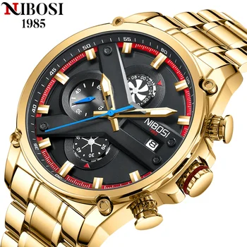 NIBOSI Mens Relógios de Quartzo de Pulso, Marca de Luxo do Cronógrafo Relógio de Ouro Moda Relógio de Homem com as Mãos Luminoso Relógio Masculino