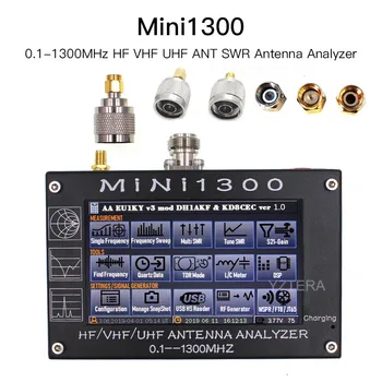 Nova Atualização Mini1300 0.1-1300MHz HF VHF UHF FORMIGA a ROE da Antena Analisador de 4.3 polegadas Touch screen