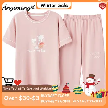 Nova Moda de Verão de Pijama cor-de-Rosa para as Mulheres Macio de Algodão roupa de Dormir para Meninas coqueiro Impressão Confortável Respirável Sleepwear
