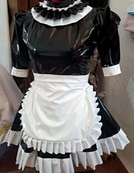 Nova PVC com Fechadura de Sissy Vestido Preto Branco Independente Avental de Renda Média Pescoço Macio Bolha de Manga Empregada Vestido de Personalização
