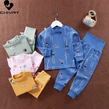 Novo 2022 Crianças Meninos Algodão Pijama Conjuntos de desenhos animados Imprimir O-T-Shirt com Decote Tops com Calças de Cintura Alta Bebê Meninas Outono Conjuntos de Vestuário