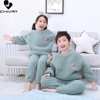 Novo 2022 Crianças Meninos Meninas rapazes raparigas Outono Inverno Cashmere Manter Aquecido Pijama Conjuntos de Sólidos O-pescoço Tops com Calças de Dormir Conjuntos de Vestuário