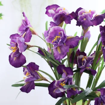 NOVO 3 cabeças alice flor de iris com folhas verdes de seda, flores Artificiais para decoração de Casa de flores de orquídeas