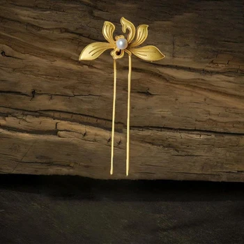 Novo design arte antiga pérola incrustada de ouro orquídea gancho clássico do temperamento da jóia das senhoras Hanfu de jóias de prata