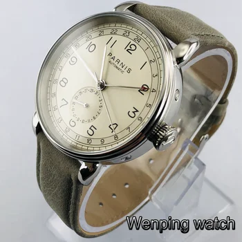 Novo Parnis 42mm GMT prata caso árabes marca janela de data pulseira de couro mens top de lazer relógio mecânico automático