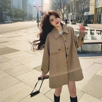 O coreano Moda Casaco Blusão de Roupas femininas Casuais Solta Sobretudo 2022 Primavera, Outono, Simples e Chique Mulheres Cáqui Trench Coat