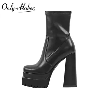 Onlymaker Mulheres Quare Toe Plataforma Dupla Bloco De Calcanhar Ankle Boots Com Zíper Chunky Calcanhar Preto Fosco Moda Senhora Ankle Boots