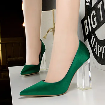 Outono 2021 Plus Size 43 Mulheres Bloco de 10cm de Salto Alto Senhora de Cetim Verde Bombas Feminino Casamento Amarelo de Seda Azul Transparente Sapatos