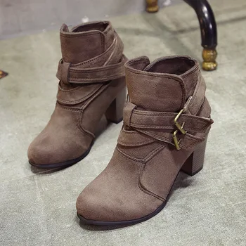 Outono Chunky Calcanhar Mulheres Botas de Retro Ankle Boots fivela do cinto Feminino Sapatos vintage Dedo do pé Redondo Casual Salto Alto botas
