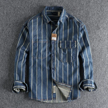 Outono personalizadas de tecido listrado lavado usado camisa jeans trabalho dos homens de estilo Americano retro tendência juventude camisa