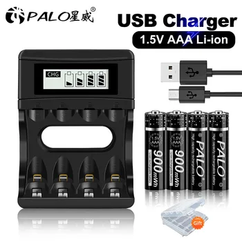 PALO 1,5 V AAA Bateria de Lítio 900mWh AAA de 1,5 V Li-ion AAA bateria recarregável Com LCD Inteligente de 1,5 V Li-ion Carregador de bateria