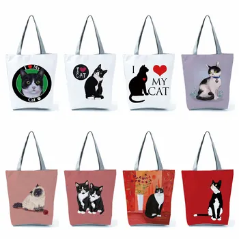 Personalizar Handbgas Negro Lindo Eu Amo Gato Pintura Mulheres Designer Bolsa Animal Gráfico Eco De Compras Reutilizáveis Shopper Bags Dobrável