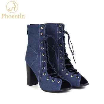 Phoentin jeans verão botas sandálias das mulheres 2019 laço ankle boots peep toe super salto alto sexy sapatos femininos de volta zipper FT610