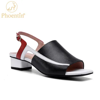 Phoentin sandálias das mulheres 2021 senhoras elegantes sapatos de meados de saltos de couro genuíno de verão de pés quadrados sapatos plus size 34-42 FT1131