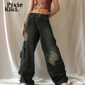 PixieKiki Vintage Gráfico Impresso Jeans Folgada com o Y2k Grunge Roupas de Cintura Alta Wide Leg Pants Streetwear Calça de algodão P67-EB55
