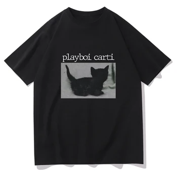 Playboi Carti T-Shirts Rap Gato Preto Impressão De Streetwear Homens Mulheres Da Moda Oversized T-Shirt De Algodão Puro Hip Hop Tees Tops De Roupas