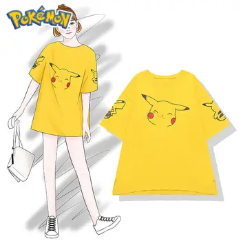 Pokemon Pikachu Oversize T-Shirt Bonito Gola Redonda, Manga Curta Cos Traje Feminino Tee Pikachu Slim Estudante De Moda Casais Vestido