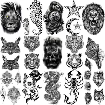 Preto 3D do Crânio Leão Tigre Tatuagens Temporárias Para Homens Adultos, Crianças Dragon Star Wolf Falso da Tatuagem da Arte Corporal Lavável Pequenas Tatuagens